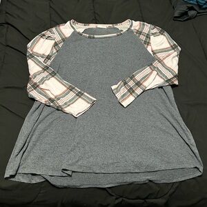Pink Plaid Sleeve Grey top